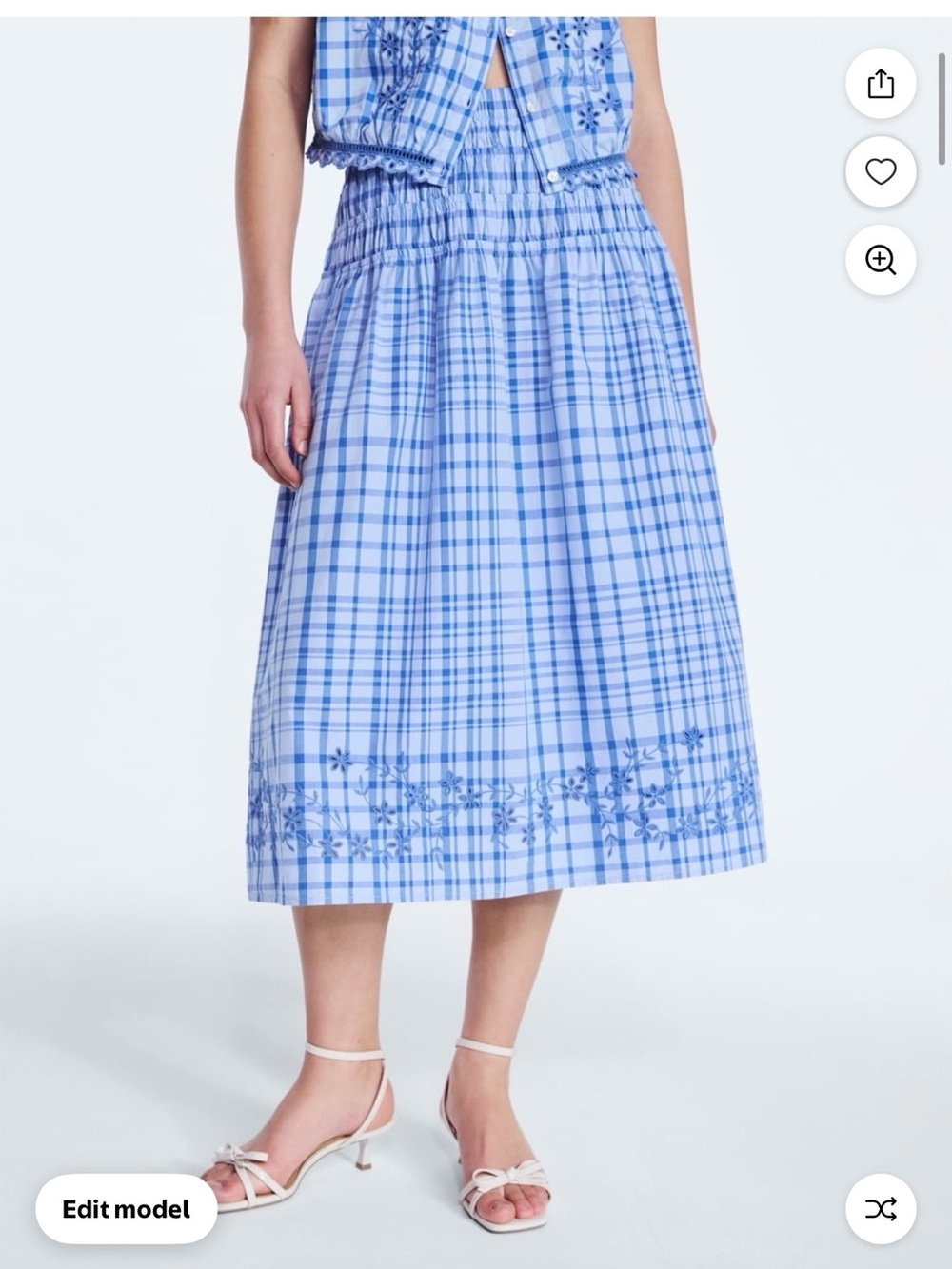 Light Blue Plaid Midi Skirt with Floral Border